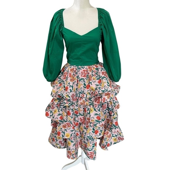 Buru Teagan Floral Print Tiered Ruffle Midi Pocketed A-Line Skirt and Top Set XS - Picture 11 of 16